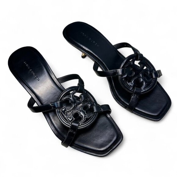 TORY BURCH Miller Bombé Embossed Logo Gold Kitten Heeled Sandal, Black, Size 6 - Picture 2 of 16